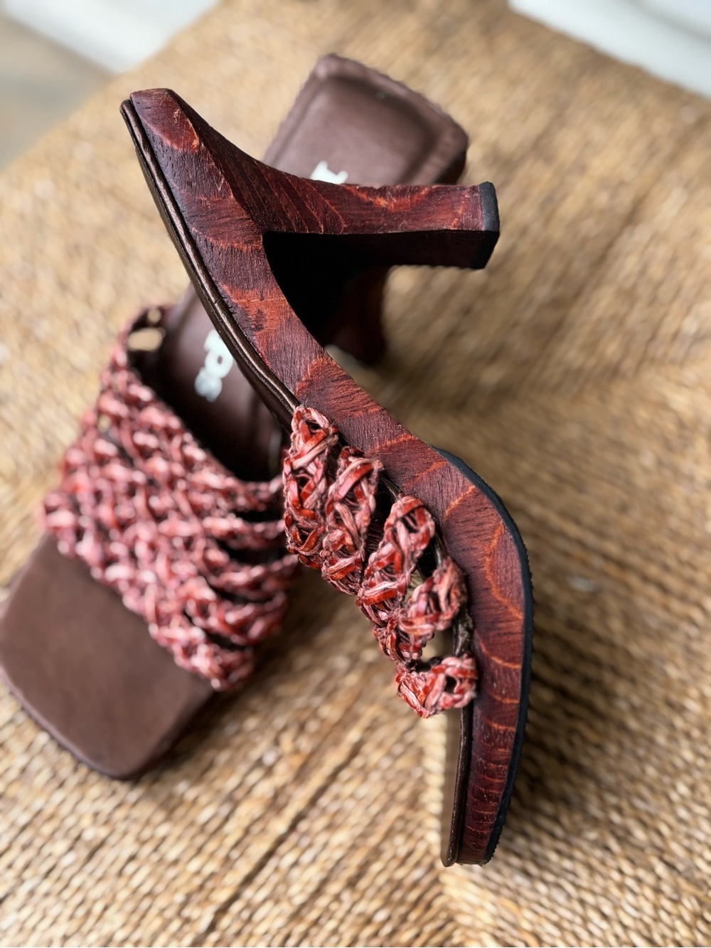 Vintage Two Lips Wooden Braided Red-Brown Woven Heel Sandals 8